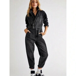 New Free People Maris Denim Long Sleeve Slouchy Jumpsuit Black Size XS